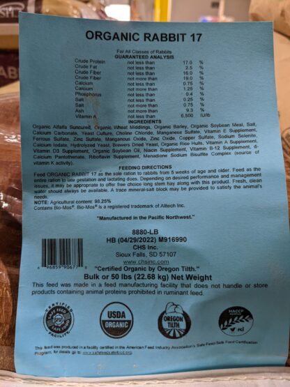50# Payback 17% Rabbit Pellet (Organic)